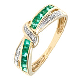 0.53ct Channel Set Square  Emerald and Diamond Pave Crossover Eternity Ring in UK Hallmarked 9ct Yellow Gold